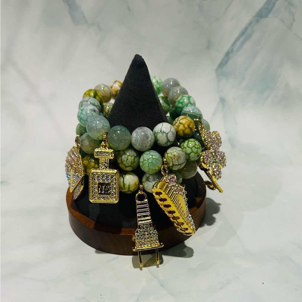 Green Agate Charm Stretch Bracelet Stack With Gol… - image 1